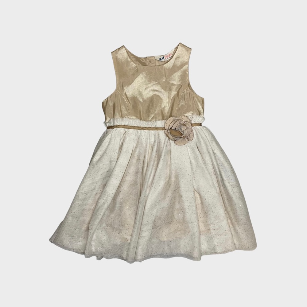H&M Beige Decorative Belt Flower Glitter Tulle Dress - Picture 1 of 5